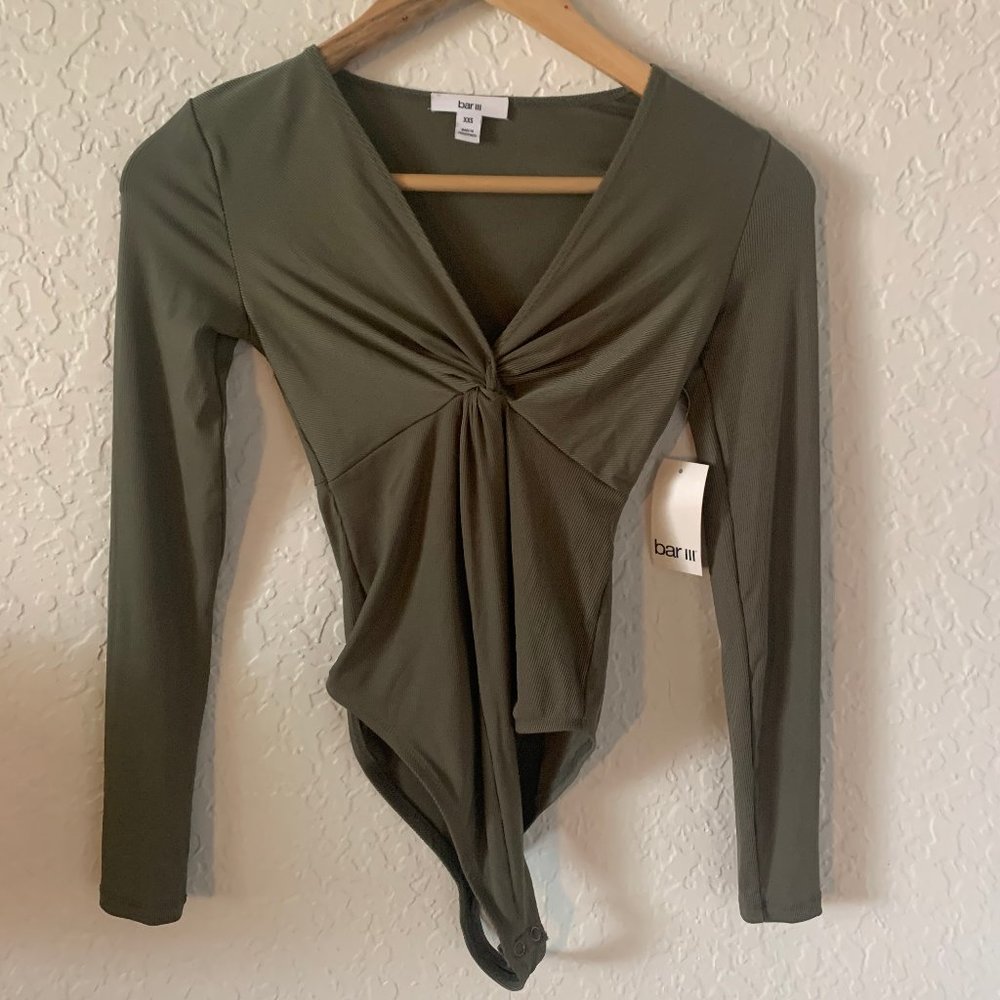 olive green twist v neck long sleeve body suit